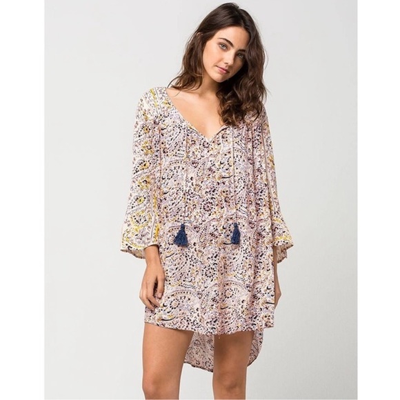 Billabong Take Me Away Paisley Printed Bell Sleeves Mini Dress with Tassels - Picture 1 of 15